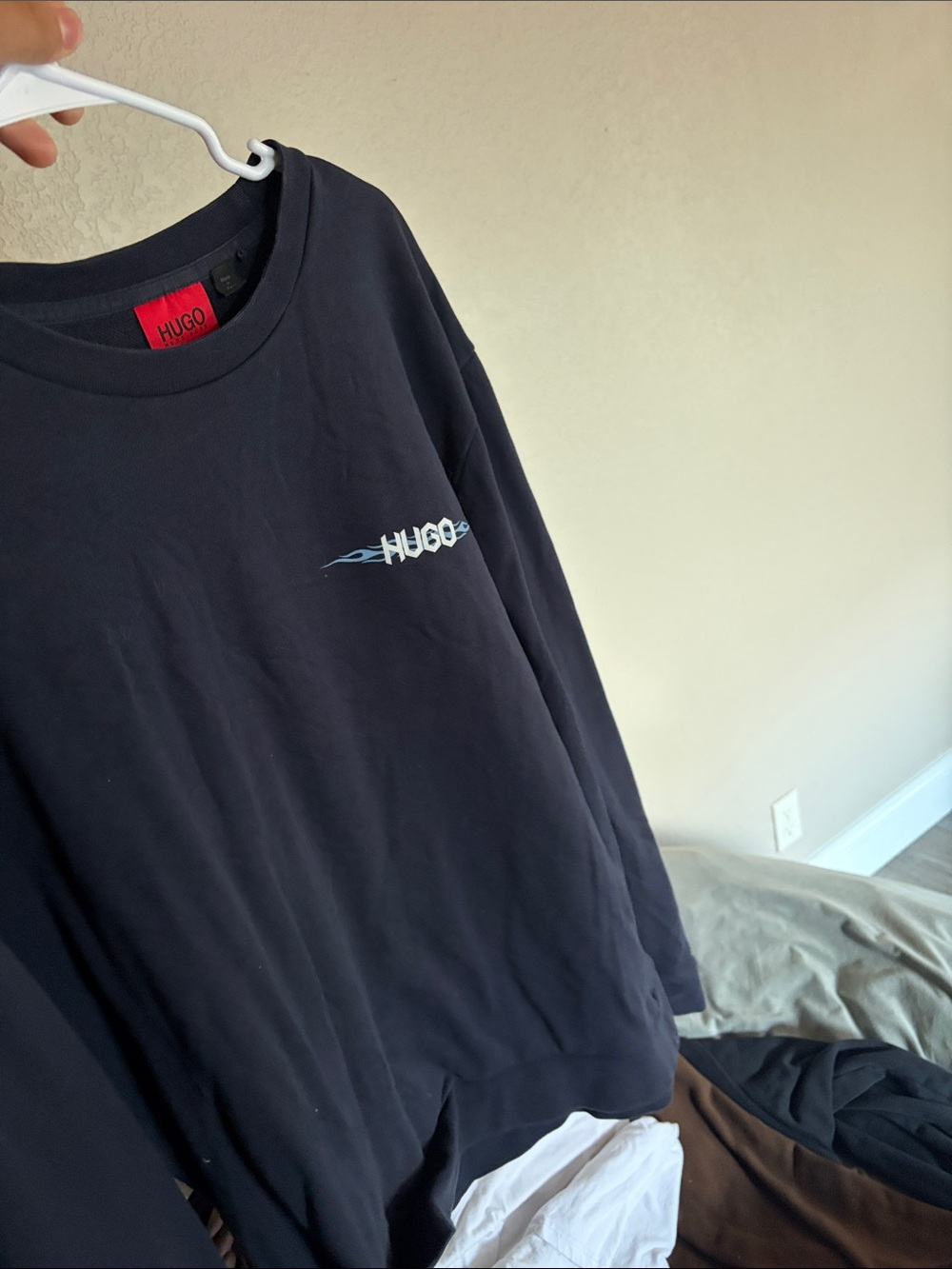 HUGO Navy Long Sleeve Tee with Flame Logo